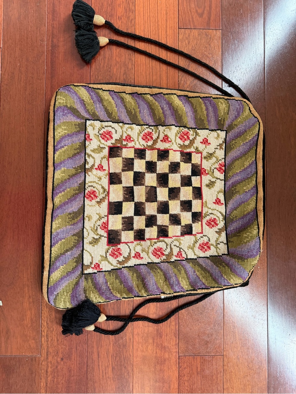 MacKenzie-Childs Purple and Olive Needlepoint chair cushion thin cover  16 x 16